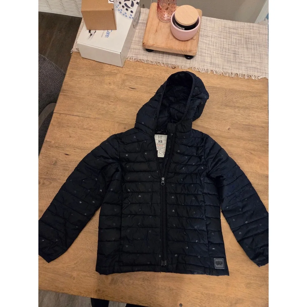 Gap Kids Girls XS 4-5‎ Navy Blue Heart Print Puffer Jacket Hooded Quilted Coat